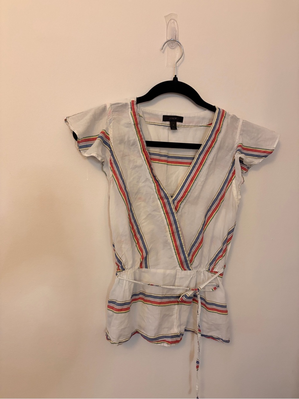 J. Crew White Wrap Tunic with Red and Blue Stripes